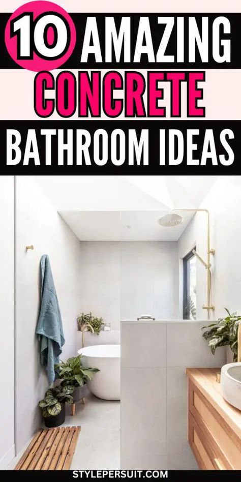 CONCRETE BATHROOM IDEAS Master Bath With Concrete Floors, Concrete Bathroom Ideas Master Bath, Concrete Floor Bathroom Design, Bathroom Cement Floor, Stained Concrete Bathroom Floor, Concrete Floors In Bathroom, Concrete Floor In Bathroom, Concrete Wood Bathroom, Cement Shower Ideas