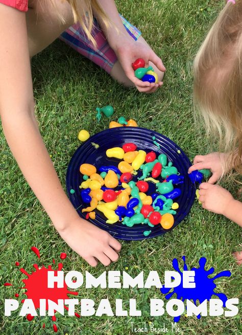 Make homemade paintball bombs with a little science and a little art combined. This is a fun activity that is sure to impress! Great for parties! Paintball Diy, Reggio Science, Paint Balloons, Messy Party, Paintball Birthday, Paintball Party, Color Wars, Outdoor Fun For Kids, Science Activities For Kids