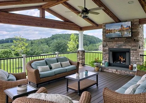 Deck Trends for 2020 | 5 Trending Deck Ideas for Luxury Outdoor Living Deck Enclosures, Outdoor Pavillion, Luxury Outdoor Spaces, Backyard View, Patio Addition, Deck Addition, Luxury Outdoor Living, Deck Fireplace, Screened Porch Designs