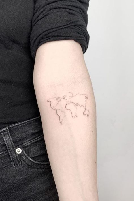 World Map Tattoo Flower World Map Tattoo, Minimalist Map Tattoo, Continents Tattoo, World Outline, World Map Tattoo, 2024 Tattoo, World Map Tattoos, Map Tattoo, Earth Tattoo