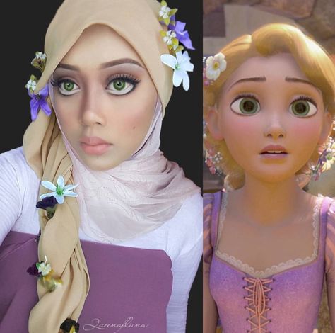 Disney Princesses Makeup, Cartoon Character Makeup, Dance Stage Makeup, Hijab Halloween, Princesses Makeup, Hijabi Cosplay, Baby Princess Costume, Hijab Cosplay, Disney Character Inspired Outfits