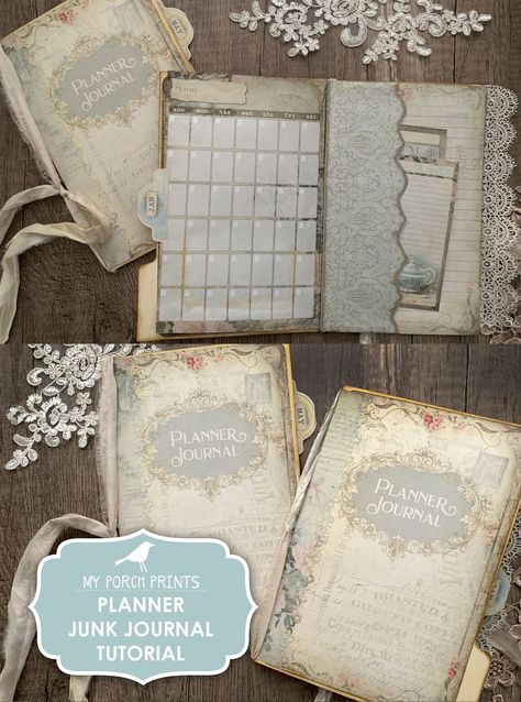 Junk Journal Tutorial, My Porch Prints, Bullet Journal Monthly, Journal Books, Aesthetic Journal, Print Planner, Weekly Calendar, Menu Card, Vintage Journal