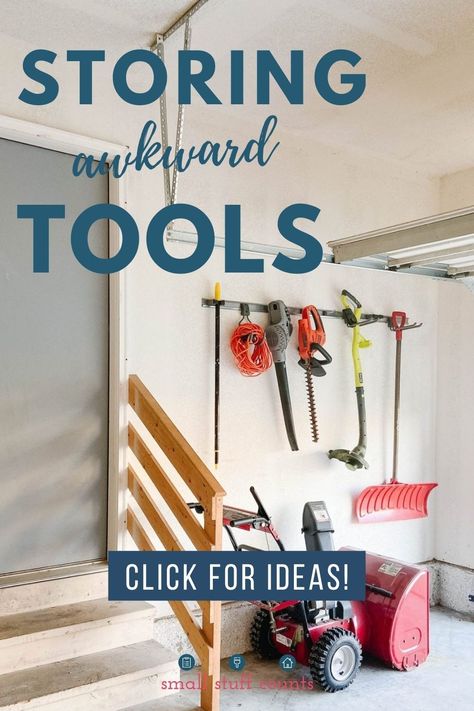 Outdoor tools need to be easily accessible. This utility track makes hanging long-handled items simple. Try this and more on my organized garage tour! #garagestorage #storagesolutions #getorganized How To Hang Weedeater In Garage, How To Store Lawn Chairs In Garage, Hanging Tools In Garage, Organizing The Garage, Garage Tools Organization, Small Garage Organization, Tool Shed Organizing, Organized Garage, Garage Wall Storage