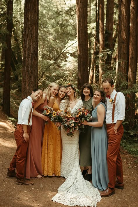 Multi colored bridesmaids, fall colors Wedding Boho Bridesmaids, Outdoorsy Bridesmaid Dresses, Earthy Color Bridesmaid Dresses, Boho Bridesmaid Dress Mismatched Summer, Color Groomsmen Attire, Nontraditional Bridal Party, Rustic Boho Bridesmaid Dresses, Earth Wedding Colors, Bridal Party Multiple Colors