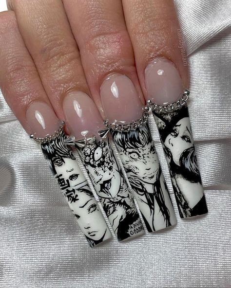 Junji Ito Nails, Rave Nails, Hard Nails, Anime Nails, Goth Nails, Grunge Nails, Classy Acrylic Nails, Really Cute Nails, Nails White