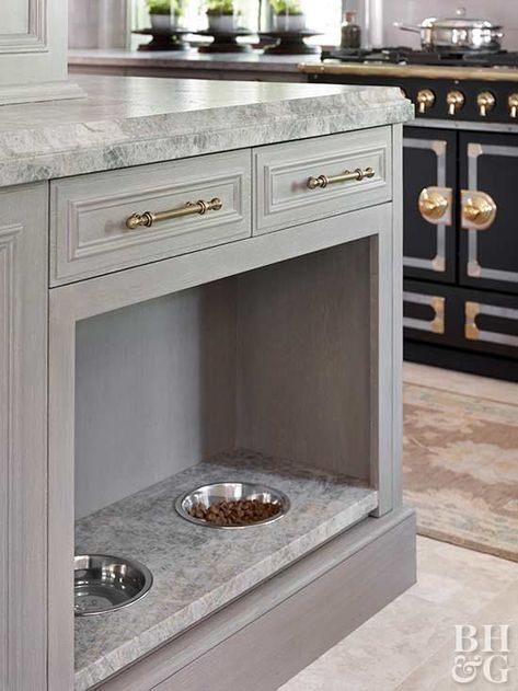 Sneaky Storage Solutions for Every Little Thing Dog Feeding Station Built In, Hidden Dog Food Bowls, Kitchen Island With Dog Bowls Built Ins, Pet Bowls In Kitchen, Custom Dog Food Station, Kitchen Dog Food Storage, Pantry Dog Food Storage, Hidden Dog Bowls In Kitchen, Dog Feeding Station In Laundry Room