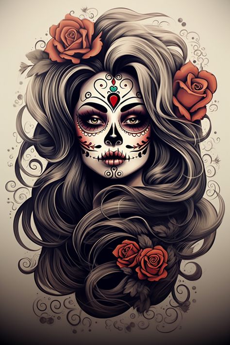 Mexican Sugar Skull Art Beautiful, Day Of The Dead Girl Tattoo, Mexican Skull Art, Girly Skull Tattoos, Sugar Skull Art Drawing, Indian Tattoo Design, Drawing Of A Woman, Catrina Tattoo, Mexican Artwork