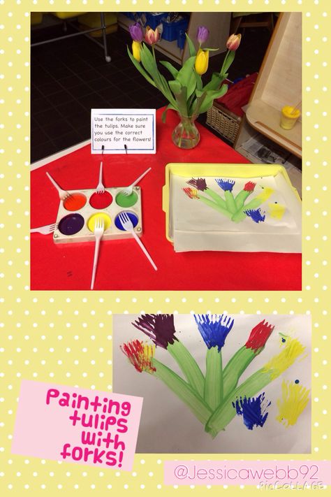 Painting tulips using forks. EYFS Eyfs Experiments, Summer Painting Ideas, Garden Preschool, Eyfs Ideas, Plants Unit, Eyfs Activities, Creative Area, Nursery Activities, French Classroom