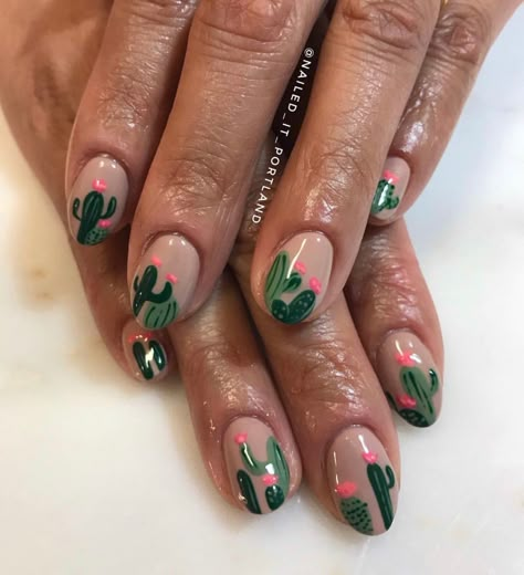 Neutral nails with cactus nail art Cactus Nail Art Designs, Cactus Nails Acrylic, Cactus Acrylic Nails, Cactus Nail Designs, Succulent Nail Design, Cactus Pedicure, Nails With Cactus, Cactus Nails Simple, Nails With Cactus Design