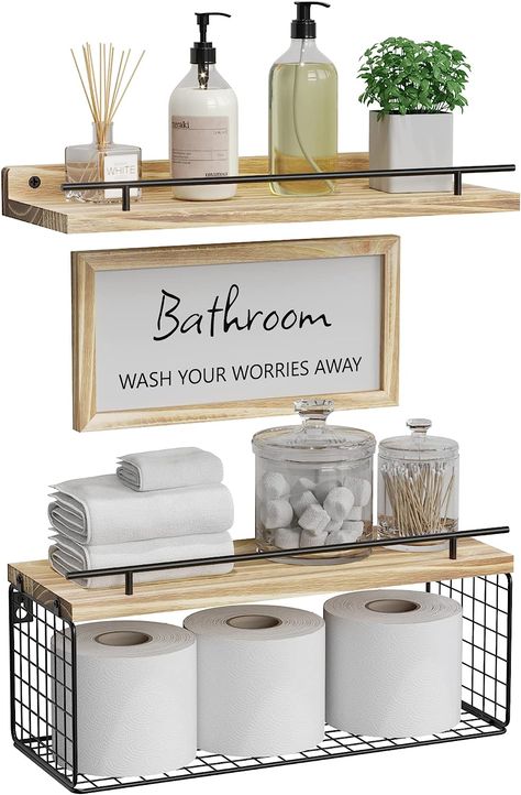 Beautiful, light-brown wood bathroom storage/decor! Wall Shelf With Baskets, Brown Bathroom Walls, Shelf With Baskets, Farmhouse Style Bathroom, Bathroom Wood Shelves, Bathroom Decor Signs, Shelves Over Toilet, Bathroom Shelves Over Toilet, Floating Shelves Bathroom