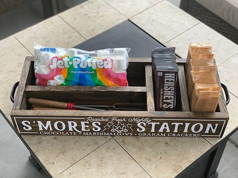 DIY S'mores Station - Burton Avenue Diy Wooden Tiered Stand, Diy Smore Station, S’more Box Diy, S’mores Caddy Diy, S’mores Box Idea, S’mores Box Diy, S'more Caddy Diy, S’more Caddy, Smores Box Ideas