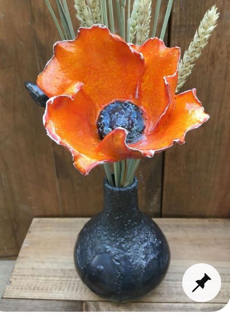 Orange Poppy Flower, Poppy Head, Ceramic Poppy, Ceramic Poppies, Posy Flower, Unique Floral Arrangements, Short Vase, Orange Ceramic, Bulb Vase