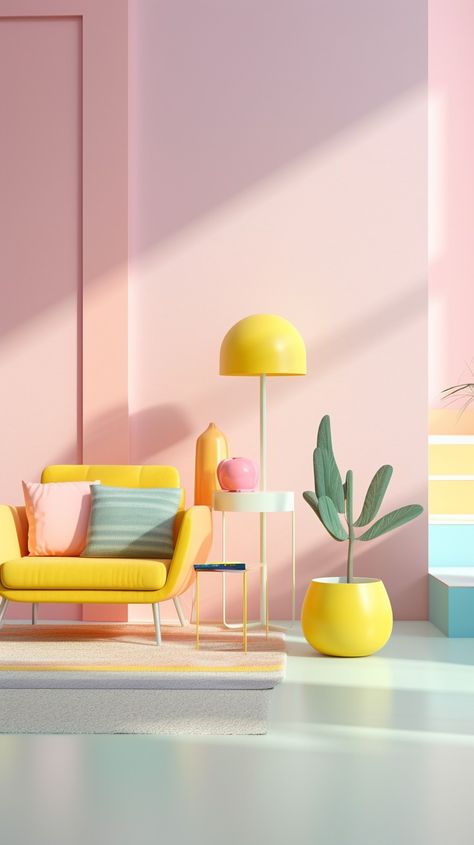 Lemon Yellow, Mint Color, Millenial Pink, Navajo White Yellow And Pink Interior, Green And Black Background, Millenial Pink, Mellow Colors, Navajo White, Minimal Interior, Minimal Interior Design, Kids Bedroom Inspiration, Pastel House