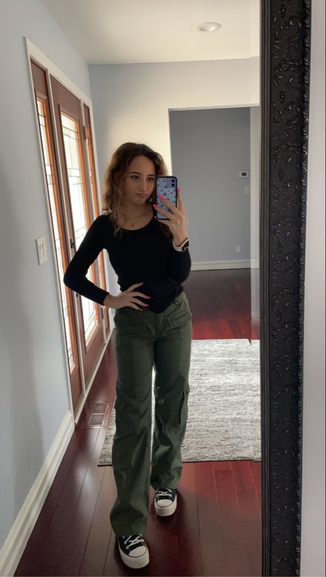 Green Bootcut Pants Outfit, Outfits With Navy Blue Cargo Pants, Green Courdory Pants Outfit, Navy Green Pants Outfit, Cargo Pants With Converse, What To Wear With Dark Green Pants, Kim Cargo Pants Outfit, Dark Green Corduroy Pants Outfit, Green Pants Outfit Aesthetic