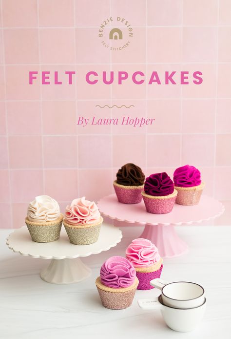 Make felt play cupcakes with beautiful ombré frosting and glittery cupcake holders using our free tutorial! Created by Laura Hopper for Benzie Design.  #cupcakes #feltfood #playkitchen #pretendplay #partydecor #partytime #feltcraft #benziefelt #benziedesign Felt Desserts Food Patterns, Felt Cupcake Pattern Free, Diy Play Cupcakes, Felt Ice Cream Pattern, Felt Cupcakes Diy, Felt Bakery Food, Felt Play Food Patterns Free, Felt Food Patterns Free Templates, Felt Play Mat Diy