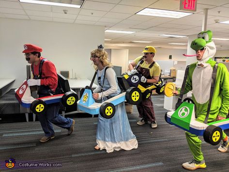 Kevin: As a group costume at work, we chose Mario Kart as our theme. We designed and built some custom karts for each of us (Mario, Wario, Yoshi, and Rosalina) and... 2020 Halloween Costumes, Mario Kart Costumes, Mario Diy, Yoshi Costume, Adams Family Halloween, Girl Group Halloween Costumes, Office Halloween Costumes, Diy Group Halloween Costumes, Halloween Costum