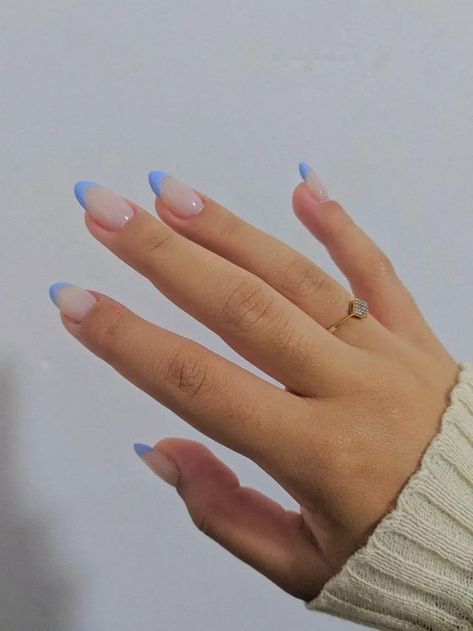 Icy Blue Nails Acrylic, Periwinkle Blue Nails, Light Blue French Tip Nails, Cranberry Nails, Periwinkle Nails, Pastel Blue Nails, Gold Chrome Nails, Long Almond Nails, Light Blue Nails