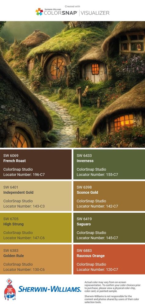 Forest House Color Palette, The Hobbit Color Palette, Sherwin Williams Inverness, Fairy Garden Color Palette, Celtic Color Palette, Lord Of The Rings Color Palette, Goblincore Color Palette, Hobbit Bathroom, Mushroom Color Palette