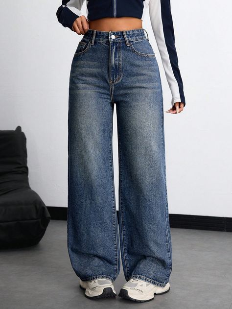 Women Casual Water-Washed Distressed Wide Leg Pocket Denim Baggy Jeans, AutumnI discovered amazing products on SHEIN.com, come check them out! Dark Wash Boyfriend Jeans, Jeans 2024 Trends Women, Dark Denim Jeans Outfit, Autumn Dark, Baggy Jeans For Women, Baggy Wide Leg Jeans, Boyfriend Jeans Outfit, Oddly Specific, Casual Denim Jeans