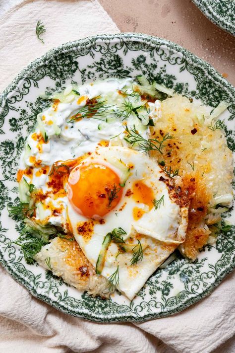 Turkish Fried Eggs with Tzatziki – Quarter Soul Crisis Turkish Eggs, Perfect Poached Eggs, Cucumber Yogurt, Garlic Juice, Crispy Rice, Fried Eggs, Rice Crispy, Crusty Bread, Beautiful Dishes