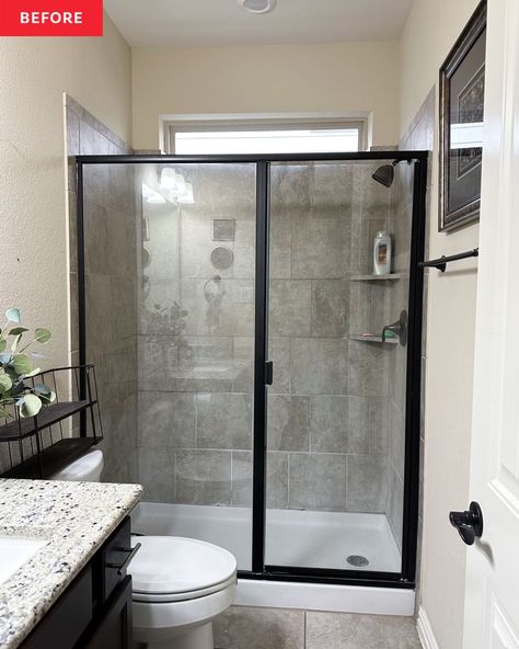 Black framed glass shower door in bathroom before renovation. Bathroom With Black Shower Door, Framed Glass Shower Doors, Paint Grasscloth Wallpaper, Sliding Shower Door Makeover, Glass Door Shower Ideas, Bathroom With Glass Shower Door, Black Frame Shower Door, Black Shower Frame, Shower Door Remodel