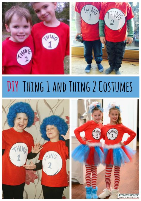 Need a quick costume for a pair of siblings or friends? Here are several Thing 1 and Thing 2 shirts, featuring the lovable duo from the Dr. Seuss classic The Cat in the Hat, they're the perfect choice! Thing 1 Costume Diy, Thing One Costume Diy, Thing One Thing 2 Costumes, Thing One And Thing Two Costumes For Kids, Thing One Thing Two Shirts, Diy Thing 1 And Thing 2 Shirts, Thing 1 Hair Dr Seuss Diy, Diy Thing 1 And Thing 2 Hair, Dr Seuss Halloween Costumes Families