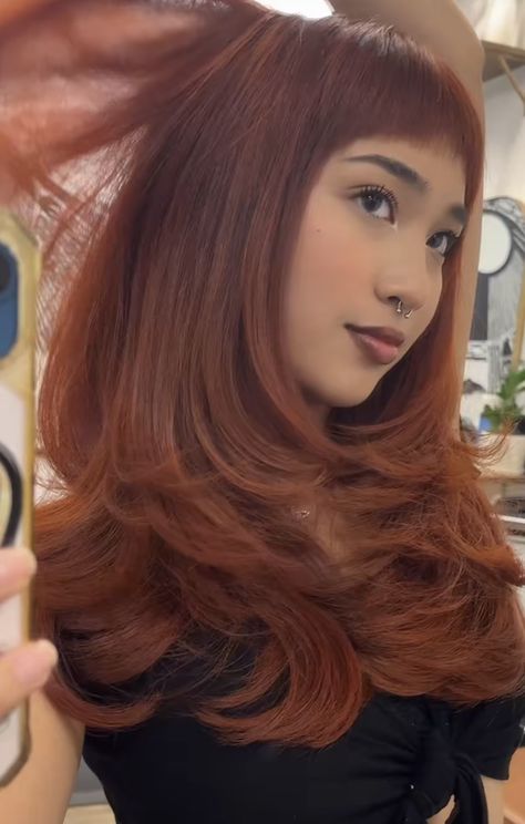 Dark To Orange Hair, Ginger Hair On Asian Women, Orange Ish Brown Hair, Orangeish Brownish Hair, Copper Orange Brown Hair, Attractive Features In Women, Copper Hair No Bleach, Dark Ginger Hair With Bangs, Orange Hair On Olive Skin