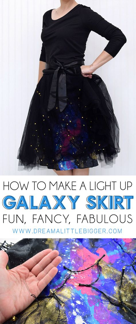 Add Christmas lights to a skirt! Too cool! And I'm loving this whole galaxy skirt idea. Great for a more low key Halloween costume for me! Black Hole Costume, Solar System Costume Women, Cosmic Costume Ideas, Out Of This World Theme Outfit Hoco, Milky Way Costume, Diy Star Costume, Galaxy Inspired Outfits, Space Costume Diy, Galaxy Costume Diy