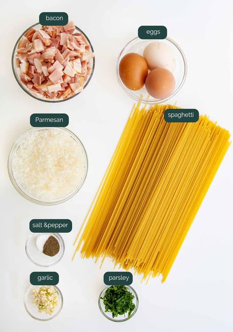 Spaghetti Carbonara - My rendition of the traditional Italian pasta dish. The easiest pasta to make with just 5 ingredients! Ready in only 15 min, this carbonara is loaded with Parmesan cheese and savorous crisp bacon! #spaghetti #carbonara #recipe Filipino Pasta, Spagetti Carbonara, Bacon Spaghetti, Traditional Italian Pasta, Carbonara Ingredients, Spaghetti Carbonara Recipe, Creamy Spaghetti, Pasta Carbonara Recipe, Italian Pasta Dishes