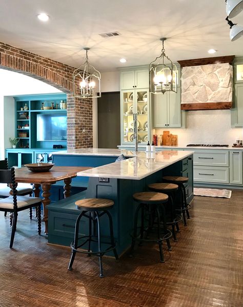 Parker Lake Kitchen — Lynsey Smith Interiors Kitchen Island With Banquette Attached, Unique Kitchen Island Ideas With Seating, Banquette Island, L Shaped Island With Seating, Kitchen Island With Booth Seating, Couch In Kitchen, Kitchen Banquette Ideas, Kitchen Island Booth, Kitchen With 2 Islands