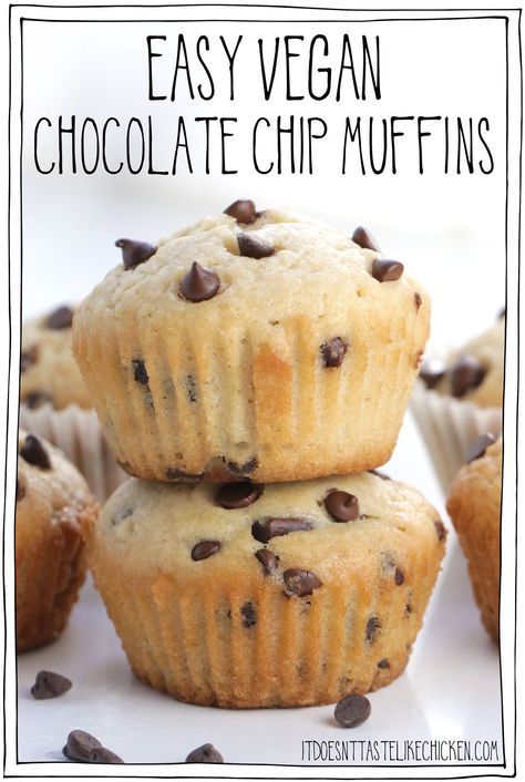 Vegan Chocolate Chip Muffins, Chocolate Chip Muffin Recipe, Bakery Style Muffins, Vegan Baking Recipes, Vegan Muffins, Vegan Chocolate Chip, Muffin Recipe, Chocolate Chip Muffins, Easy Cookie Recipes