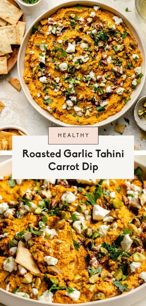 Garlic Tahini Roasted Carrot Dip | Ambitious Kitchen Ambitious Kitchen Recipes, Tahini Dip, Carrot Dip, Tahini Recipe, Roasted Carrot, Ambitious Kitchen, Classic Appetizers, Pomegranate Molasses, Savory Appetizer