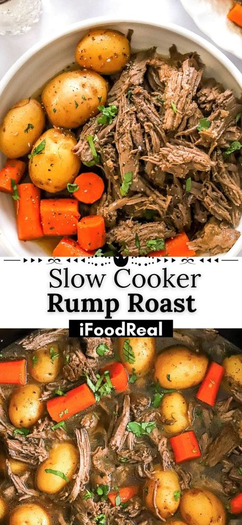 Slow Cooker Rump Roast Recipe consists of tender pieces of meat cooked with veggies in delicious gravy. Made with simple ingredients and 5 minutes prep, this Crock Pot rump roast recipe is one of our favorite dinners on a cold winter night! Crock Pot Rump Roast, Slow Cooker Rump Roast, Rump Roast Crock Pot Recipes, Rump Roast Recipe, Crockpot Rump Roast, Roast Beef Crock Pot Recipes, Crockpot Veggies, Balsamic Pot Roast, Crock Pot Roast