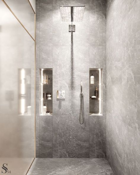 Luxury interior desing, bathroom organisation, shower idea, gray marble, tropical shower Shower Area Design Luxury, Gray Marble Bathroom, Washrooms Ideas, Townhouse Bathroom, Grey Marble Bathroom, Modern Shower Design, Modern Shower Room, Marble Bathrooms, Cubicle Design