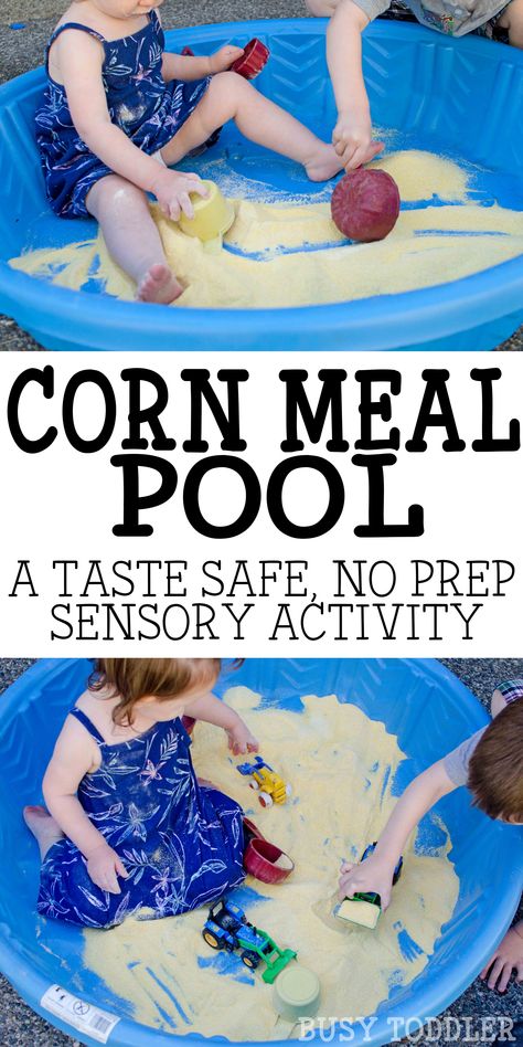 Corn Meal Sensory Pool: A perfect sand alternative; easy outdoor activity; sensory play for babies, toddlers, and preschoolers; quick and easy fun 18mo Activities, Quick Kids Crafts, Sensory Tables, Activity Sensory, Toddler Sensory Bins, Corn Meal, Toddler Outdoor, Baby Sensory Play, Sensory Activities Toddlers