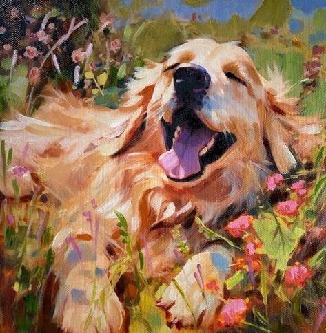 Golden Lab Painting, Painting Of Golden Retriever, Golden Retriever Oil Painting, Golden Retriever Laying Down, Animal Canvas Painting Ideas, Painted Pet Portraits, Dog In Field Painting, How To Paint Dogs, Cute Dog Painting