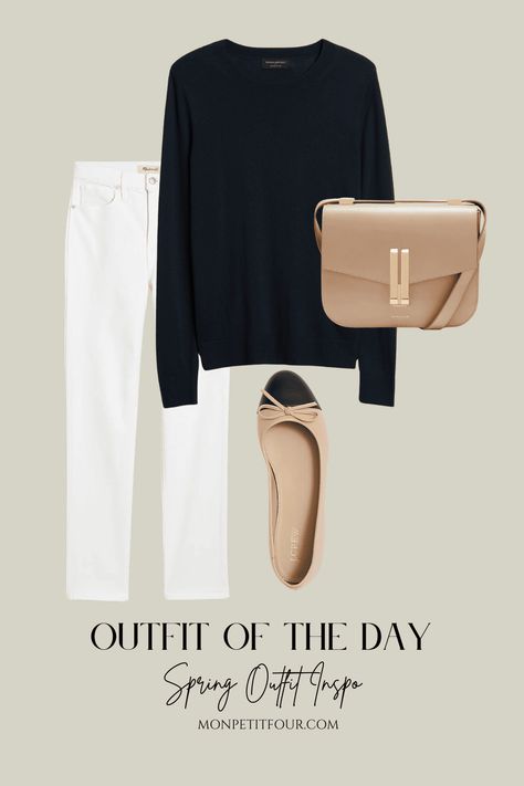 5 Easy Spring Outfits to Wear on Repeat - Mon Petit Four® Relaxed Sophisticated Style, White Pant Work Outfit, Navy Pants Outfit Work Fall, White Jeans Black Shirt, Black And White Summer Outfits, Navy Blue Outfit Ideas, Chanel Style Outfits, Easy Spring Outfits, Wardrobe Basics For Women