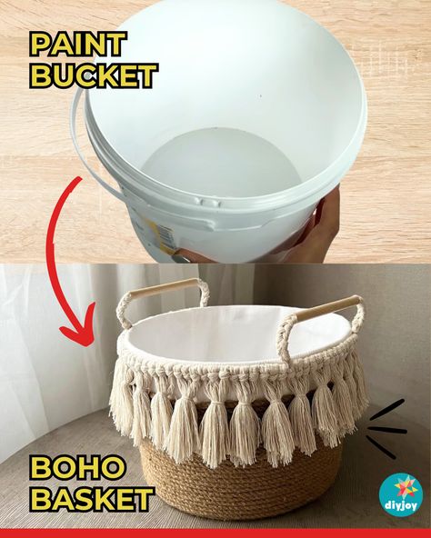 Been dreaming of a DIY macrame basket for your home? You can easily make one with a paint bucket! Find the instructions here. Diy Macrame Basket, How To Decorate A Basket, Diy Wicker Basket, Easy Diy Macrame, Giant Bubble Wands, Diy Laundry Basket, Macrame Basket, Diy Wand, Paint Buckets