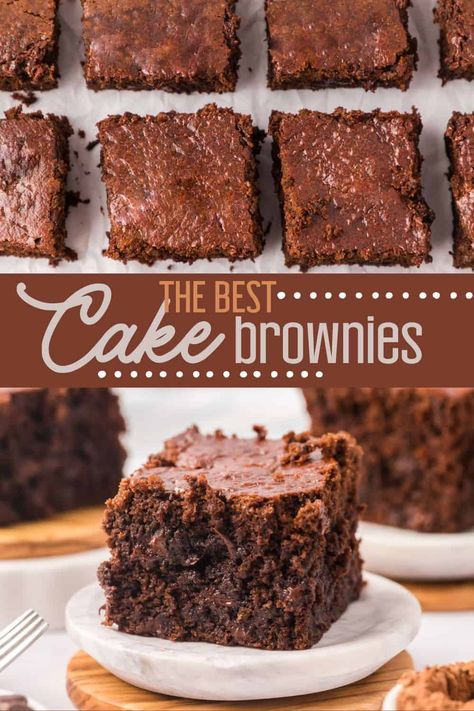 The best Cake Brownie Recipe- These light, fluffy, and moist brownies are so easy to make and are a chocolate lover's dream! Chewy Cake Brownies, Choc Brownie Cake, Cake Flour Brownies, Cocoa Powder Brownies Recipe, Cakey Brownies Recipe Homemade, Fluffy Brownies Recipe, Easy Pantry Staple Dessert, Classic Brownie Recipe, Brownies Made With Black Beans