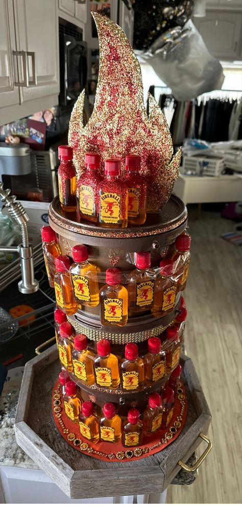 Fireball Themed Birthday Party, Fireball Birthday Party, Fireball Favors, Fireball Cake Design, Fireball Bottle Crafts, Fireball Birthday Gift, Fireball Birthday, Alcohol Baskets, Alcohol Basket