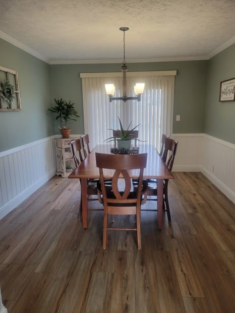 Living Room With Half Wood Paneling, Half Panelled Walls Dining Room, Half Wall Paneling Dining Room, Half Beadboard Wall Paint Colors, Painted Kitchen Paneling, Wood Paneling Bottom Half Of Wall, Wood Paneling Makeover Half Wall, Dining Room Beadboard, Painted Paneling Dining Room