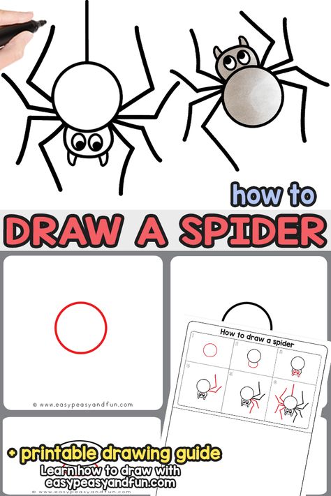 How to Draw a Spider - Guided Drawing Lesson for Beginners How To Draw A Spider Easy, Spider Drawing Tutorial, Spider Directed Drawing For Kids, Spider Theme Drawing, Halloween Directed Drawing For Kids, Easy Lunch Box Drawings, Halloween Directed Drawing Preschool, Easy Halloween Drawings Step By Step, How To Draw A Witch