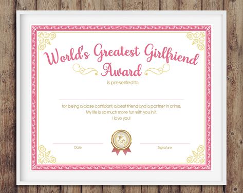 Valentine Ideas For Girlfriend, Best Girlfriend Award, National Girlfriend Day, Girlfriends Day, Good Kisser, Art Valentines, Certificate Design, Best Boyfriend, Good Dates