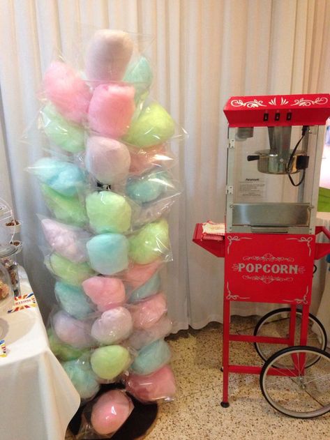 Inside Carnival Birthday Party, Cotton Candy Graduation Party, Neutral Carnival Party, Food For Carnival Themed Party, Popcorn And Cotton Candy Stand, Popcorn Machine Party, Cotton Candy Holder Stand, Carnival Theme Graduation Party, Carnival Themed Treats