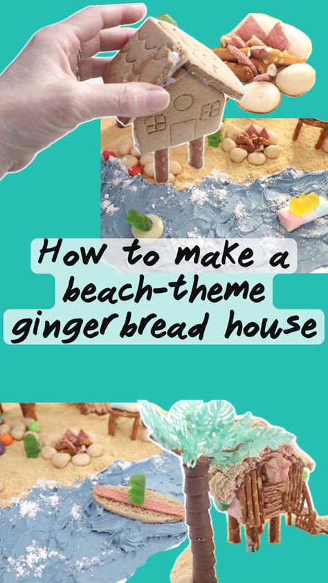 How to make a beach themed gingerbread house tiki hut and beach scene for you holiday decor. Ideas for Hawaiian themed gingerbread houses Beach Gingerbread House, Themed Gingerbread House, Easy Gingerbread House, Cool Gingerbread Houses, Holiday Decor Ideas, Gingerbread House Designs, Gingerbread House Decorations, Tiki Hut, House Beach