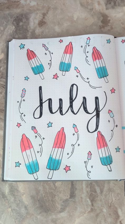 #monthlycalender #monthlyspread #weeklyspread #julybujo #julybulletjournal #bulletjournal #bullet journal #bujocommunity July Bujo Theme Ideas, June Reading Journal Spread, July 2024 Wallpaper Aesthetic, July Journal Cover, Fourth Of July Drawings, July Planner Ideas, July Bujo Theme, Month Drawings, July Doodles