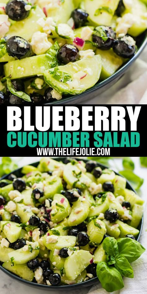 Delicious Side Salads, Blueberry Side Dish, Cucumber Blueberry Feta Salad, Blueberry Cucumber Salad, Salad For Picnic, Cucumber Side Dishes, Blueberry Feta Salad, Recipe With Feta Cheese, Blueberry Feta