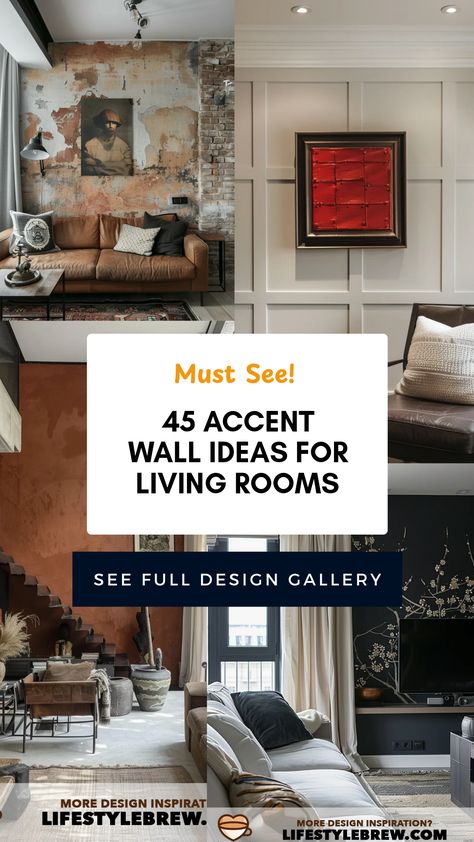 Explore 45 unique accent wall ideas for living rooms! This pin highlights different designs and materials across four insightful images to inspire your home decor. Large Wall Ideas How To Decorate, Living Room Wall Texture Ideas, Panel Wall Living Room, Tall Accent Wall, Stone Accent Walls In Living Room, Tall Accent Wall High Ceilings, Den Ideas Cozy Family Rooms, Accent Living Room Wall, Wood Accent Wall Living Room