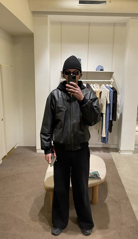 Flight Jacket Outfit, Winter Streetwear Button-up Leather Jacket, Leather Jacket 90s Men, Y2k Leather Jacket Outfit Men, Streetwear Leather Jacket With Button Closure, Winter Streetwear Cafe Racer Leather Jacket, Rick Owens Outfit Men, Men Uniform, Beanie Outfit