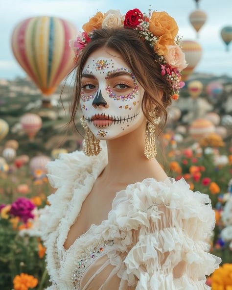 A hot air ballon fest on Día de los Muerto is actually a thing 😍 2 in 1 Challenge💀💐 Candy Skull challenge - Hosted by @eyeseeeye #cosmicalairave Thank you for inviting @yourdreamnook✨ Hot air balloon - Hosted by @h2oman95 #waterboy2024 Thank you for inviting @h2oman and @mydreamnook ✨ . . . . #dayofthedead #diadelosmuertos #sugarskull #sugarskullmakeup #candyskull #challengeprompts #aiprompts #aichallengeprompt #hyperrealistic #aiartcommunity Catrina Aesthetic, Catrina Costume Make Up, Dia De Los Muertos Makeup Ideas, Sugar Skull Inspired Makeup, Orange Catrina Makeup, Katrina Makeup La Catrina, Catrina Costume, Mexico Skull Makeup, Sugar Skull Costume